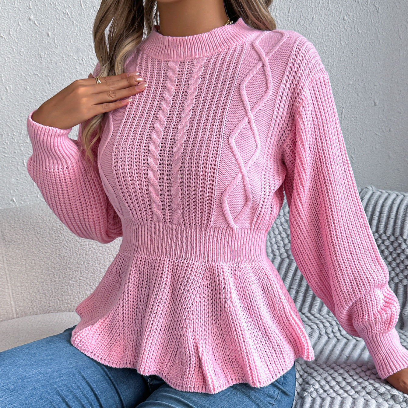 Twist Waist Trimming Ruffles Long Sleeve Pullover