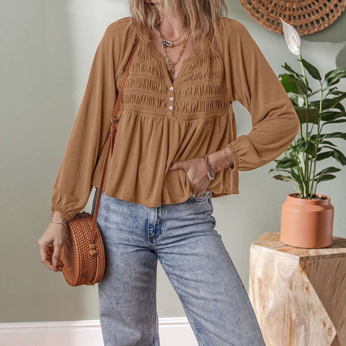 Damen Rüschenshirt aus Viskose in Braun & Beige, S–XL