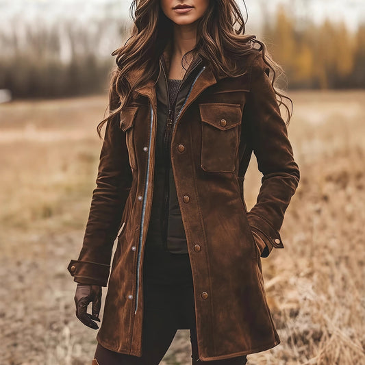 Damen-Freizeitjacke aus braunem Wildleder mit Retro-Revers