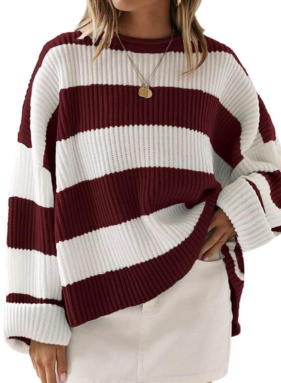 Damenpullover mit Streifen und gehäkelten Blumen – Lockere Passform, S–XL