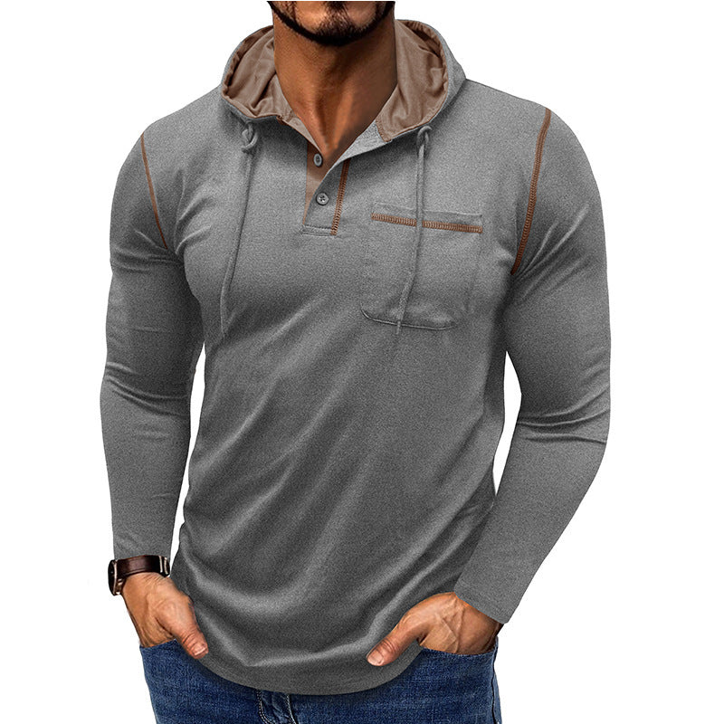Herren Langarm-T-Shirt mit Kapuze, Henley-Shirt, Outdoor-Top