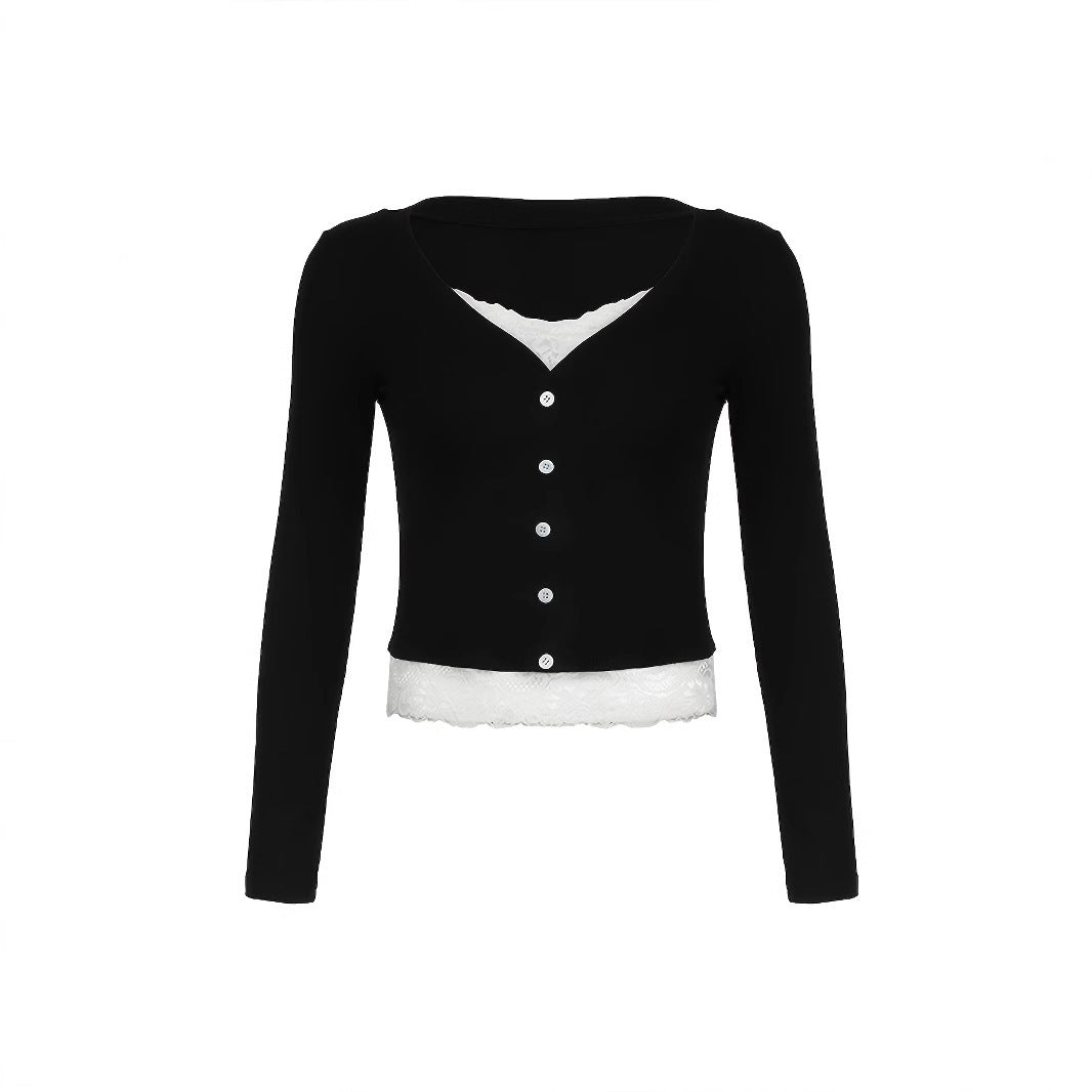 Raffiniertes Spitzen-Langarmshirt im Fake-Zweiteiler-Look
