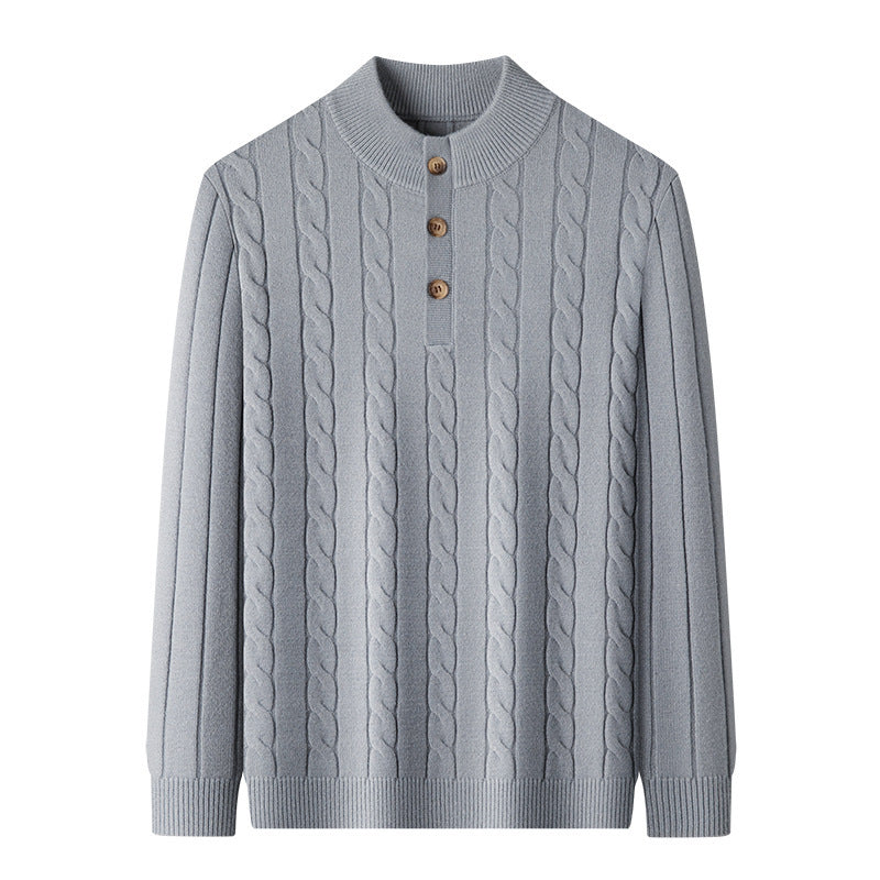 Halbhoher Henry-Kragen-Pullover mit Knopfleiste und gedrehtem Design, dicke Herrenstrickwaren