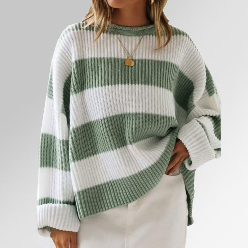 Damenpullover mit Streifen und gehäkelten Blumen – Lockere Passform, S–XL