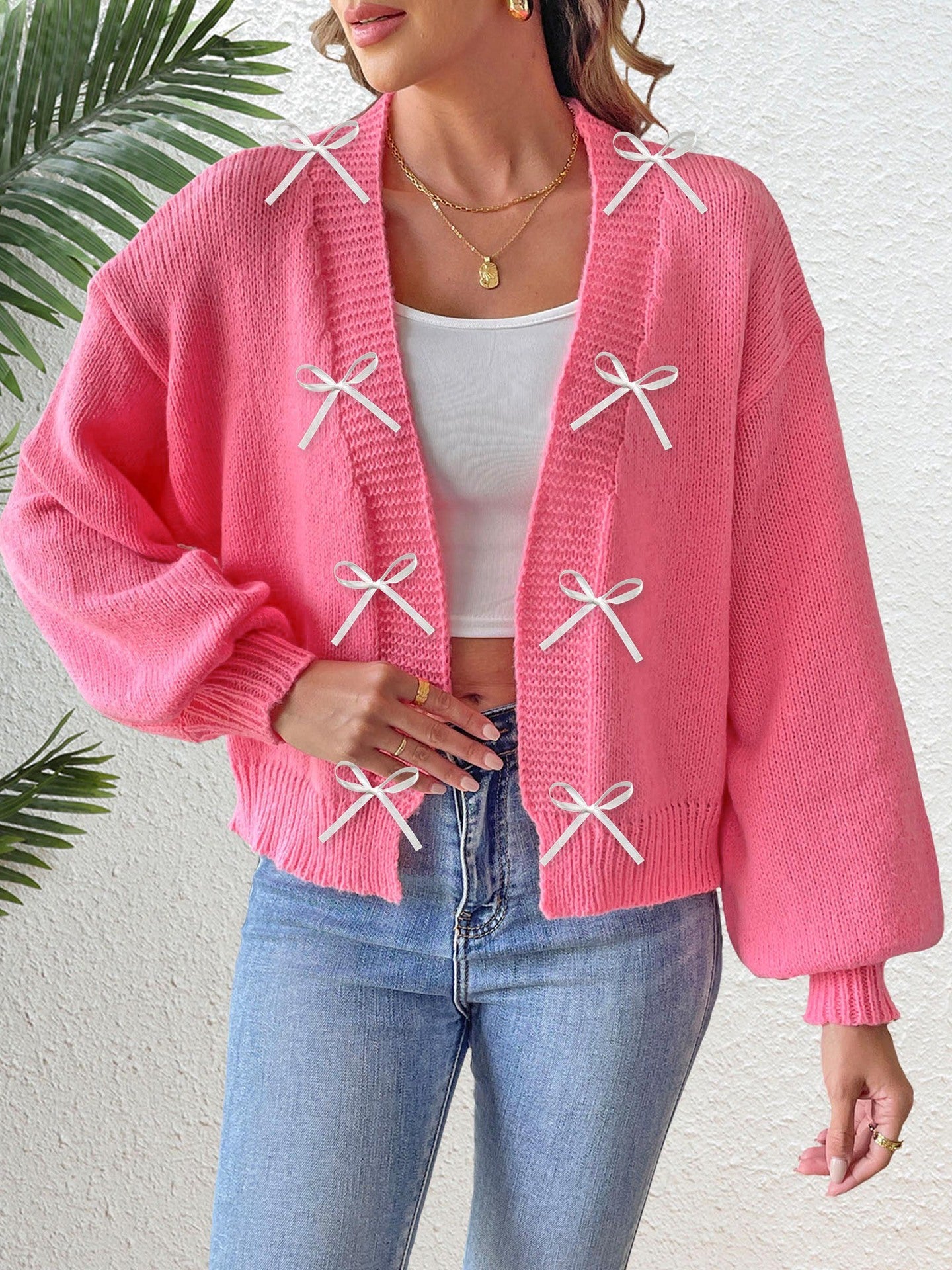 Women's Solid Color Ribbon Bowknot Stitching Sweater Cardigan