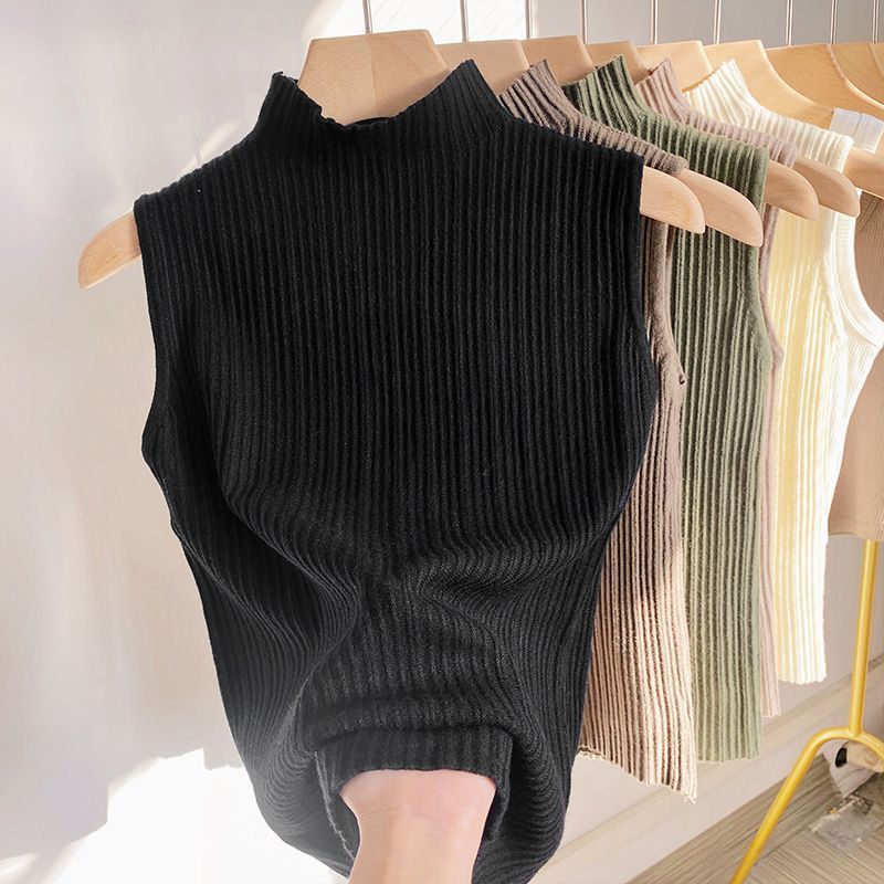 Korean-Style Basic-Strickweste für Damen – Halber Turtleneck