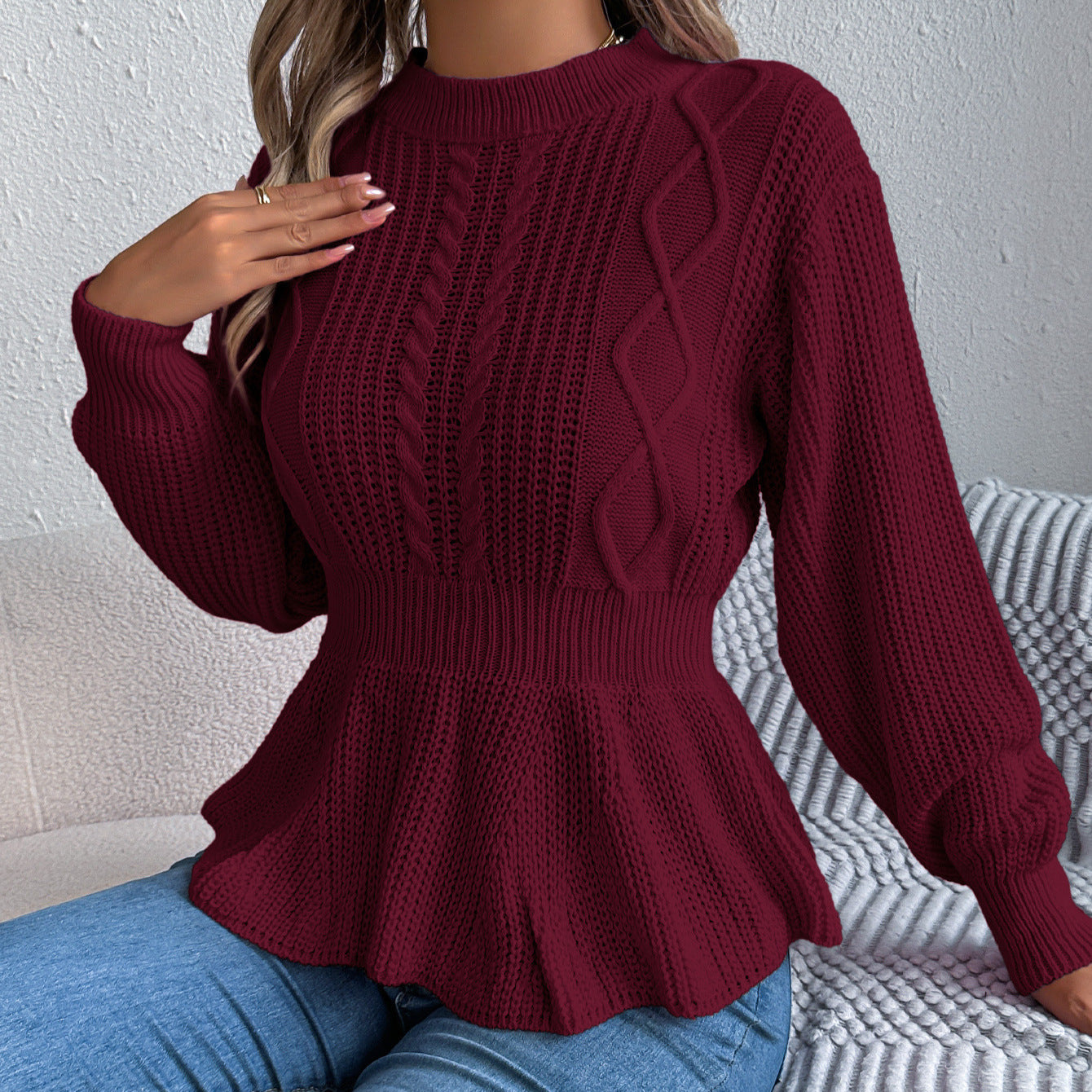 Twist Waist Trimming Ruffles Long Sleeve Pullover