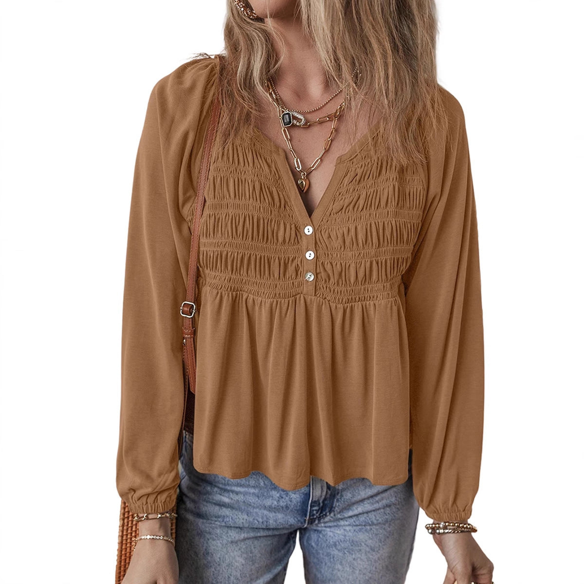 Damen Rüschenshirt aus Viskose in Braun & Beige, S–XL