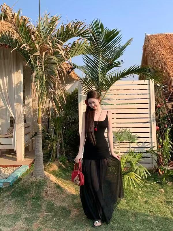 Schwarzes langes Kleid im chinesischen Retro-Stil aus TR-Gewebe, S–XL