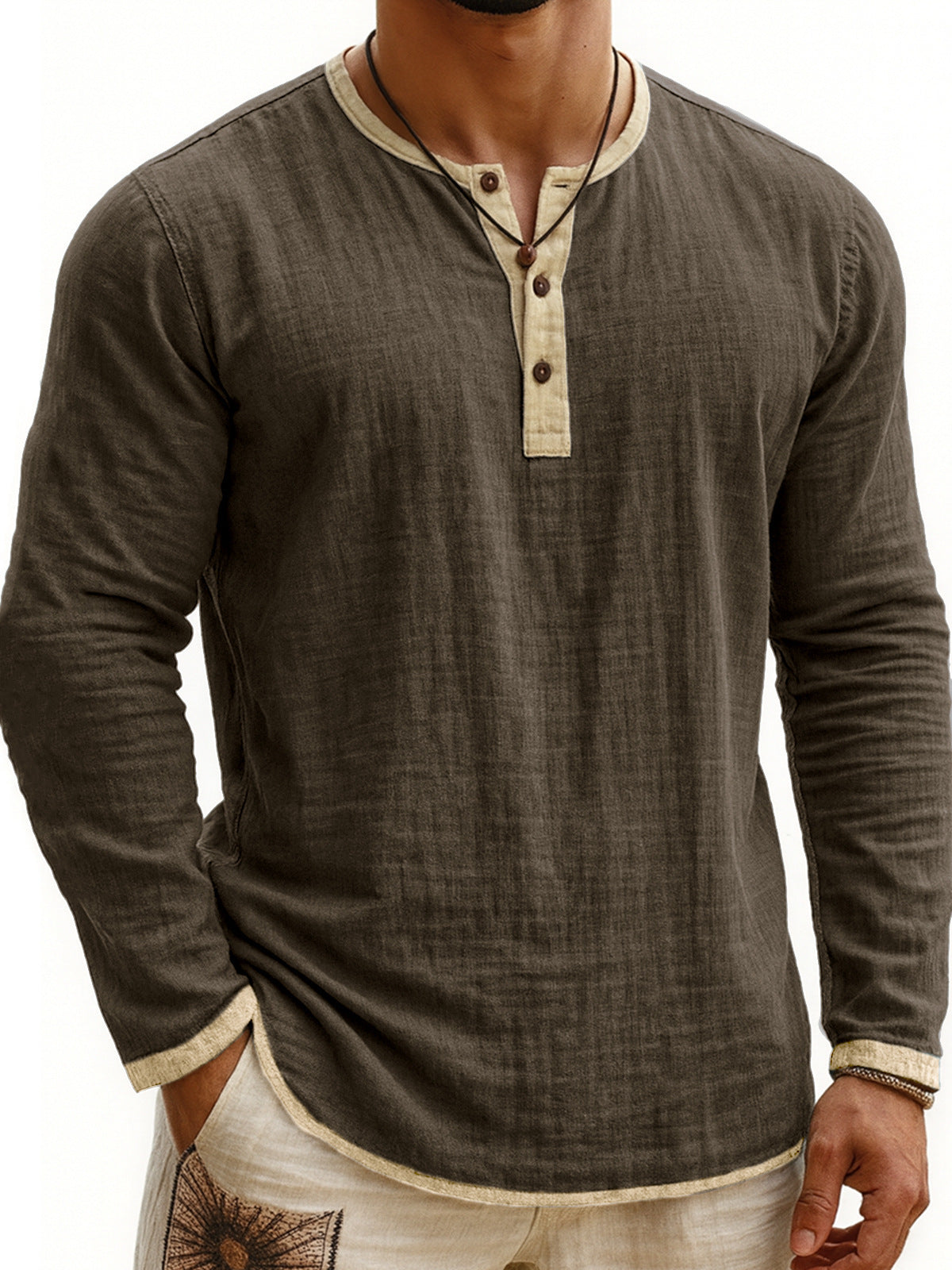 Zweifarbiges Henley-Shirt mit Digitaldruck, 3 Knöpfe, Herren, Freizeit, Langarm