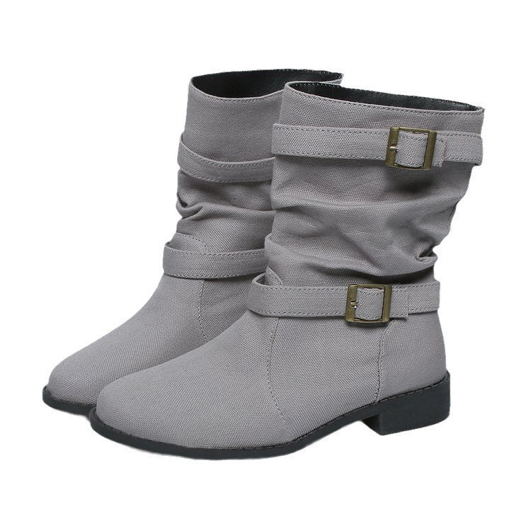 Damen-Stiefeletten aus Denim und Leder mit eckigem Absatz und runder Zehenpartie