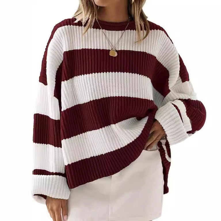 Damenpullover mit Streifen und gehäkelten Blumen – Lockere Passform, S–XL