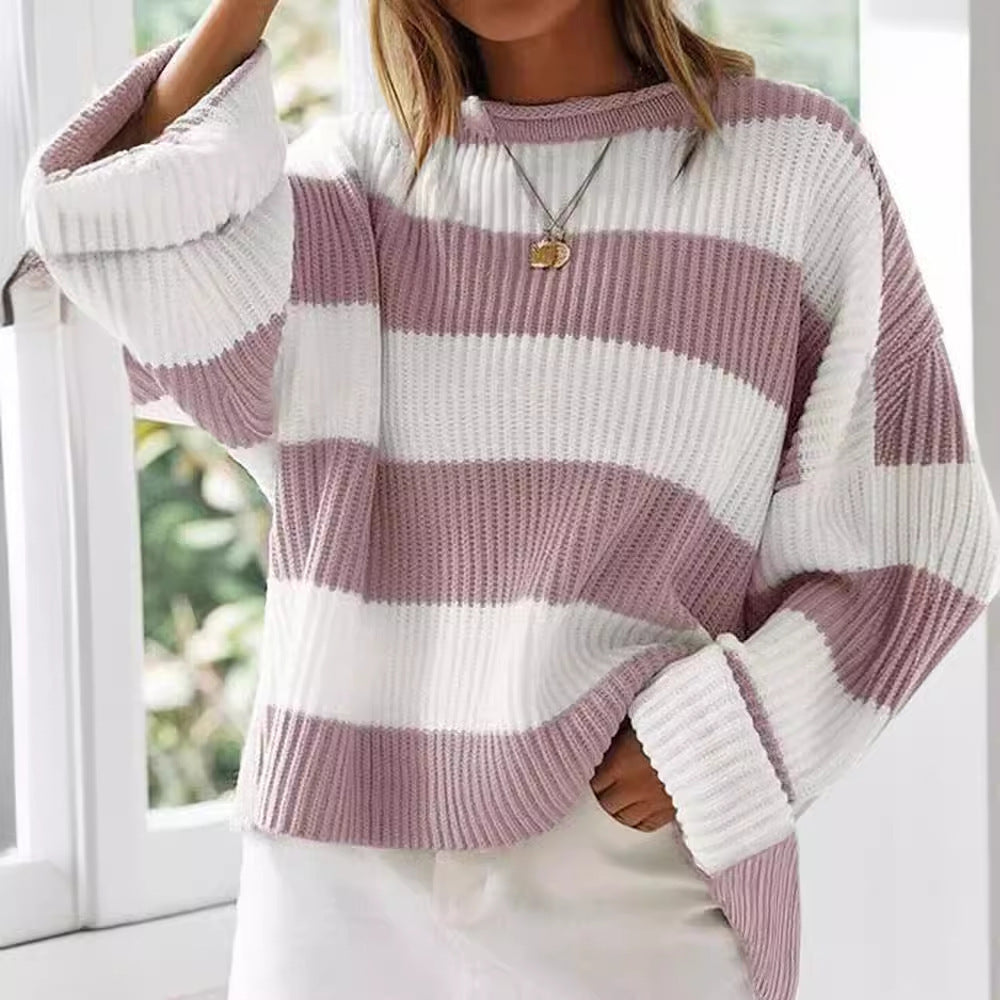 Damenpullover mit Streifen und gehäkelten Blumen – Lockere Passform, S–XL