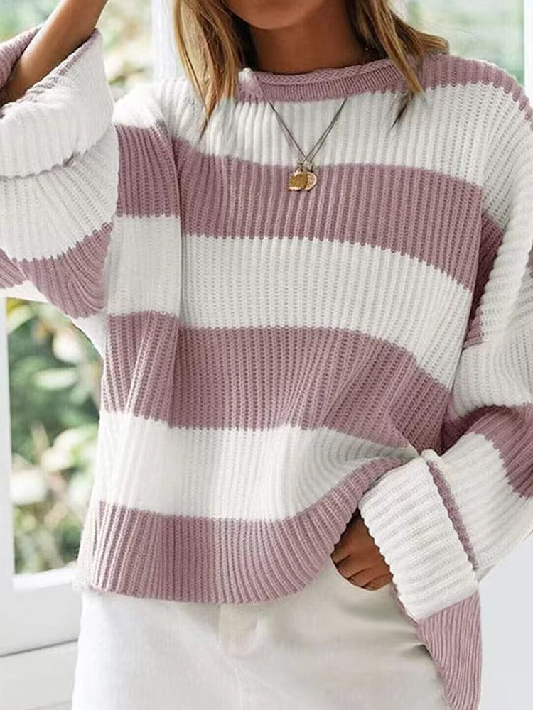 Damenpullover mit Streifen und gehäkelten Blumen – Lockere Passform, S–XL