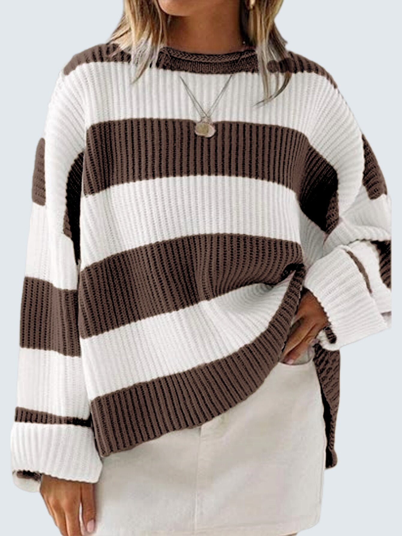 Damenpullover mit Streifen und gehäkelten Blumen – Lockere Passform, S–XL