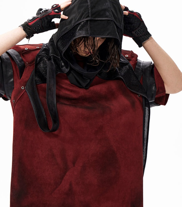 Dunkelrotes Patchwork-Shirt mit Lederdetails