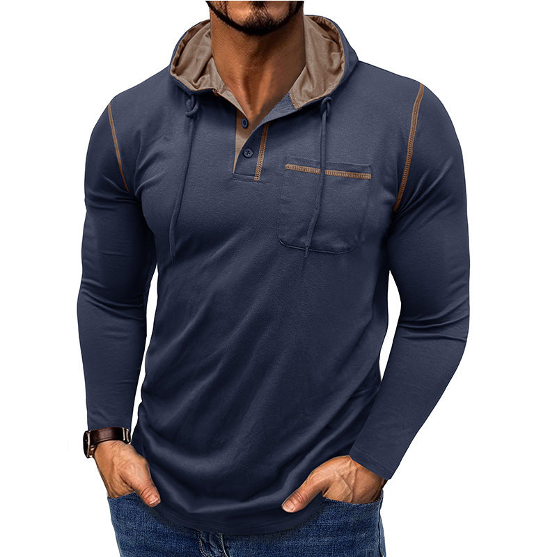 Herren Langarm-T-Shirt mit Kapuze, Henley-Shirt, Outdoor-Top