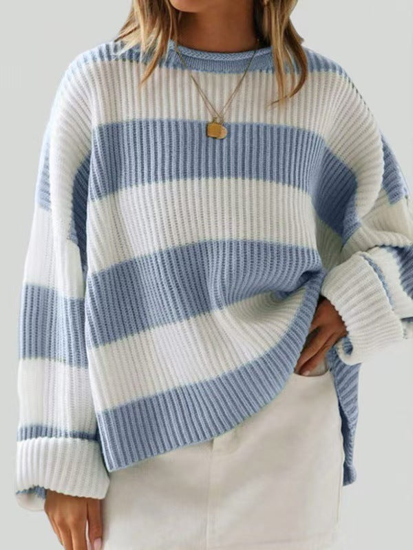Damenpullover mit Streifen und gehäkelten Blumen – Lockere Passform, S–XL
