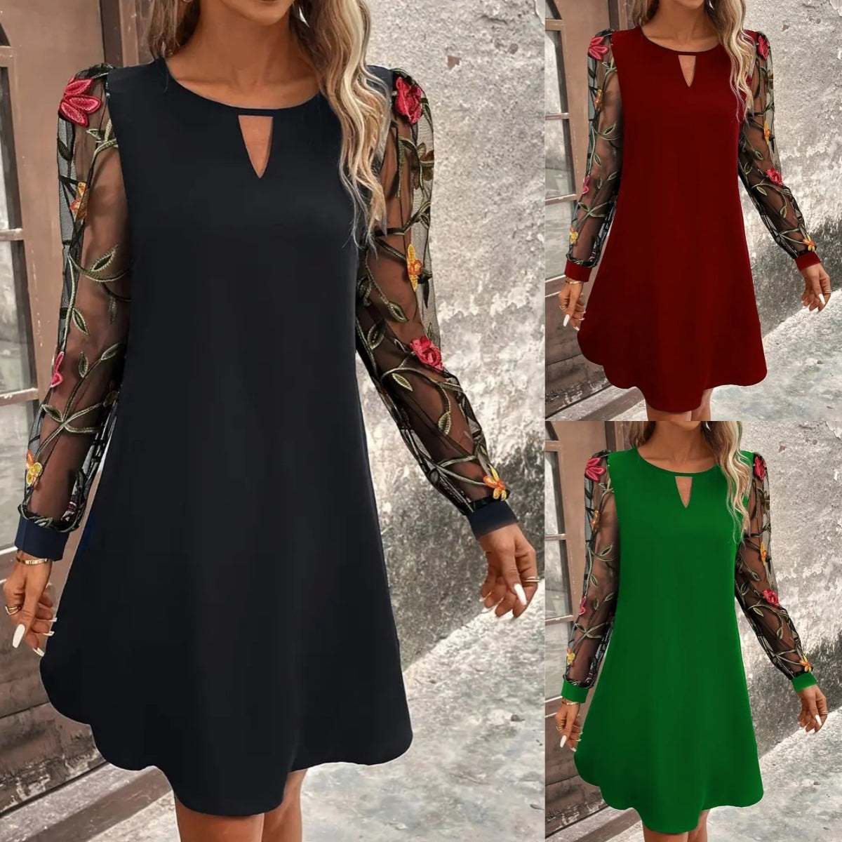 Damen Spitzenkleid – Rundhals, Langarm & zarte Spitze