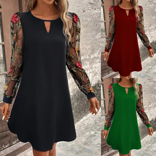 Damen Spitzenkleid – Rundhals, Langarm & zarte Spitze