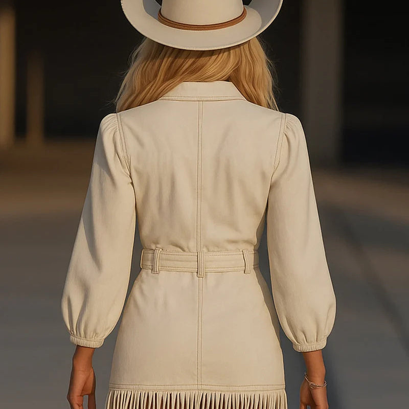 Damenkleid mit einfarbigem V-Ausschnitt, Puffärmeln, Fransen &amp; Knopf-Taschen – lässiges Kleid für Frühling &amp; Sommer