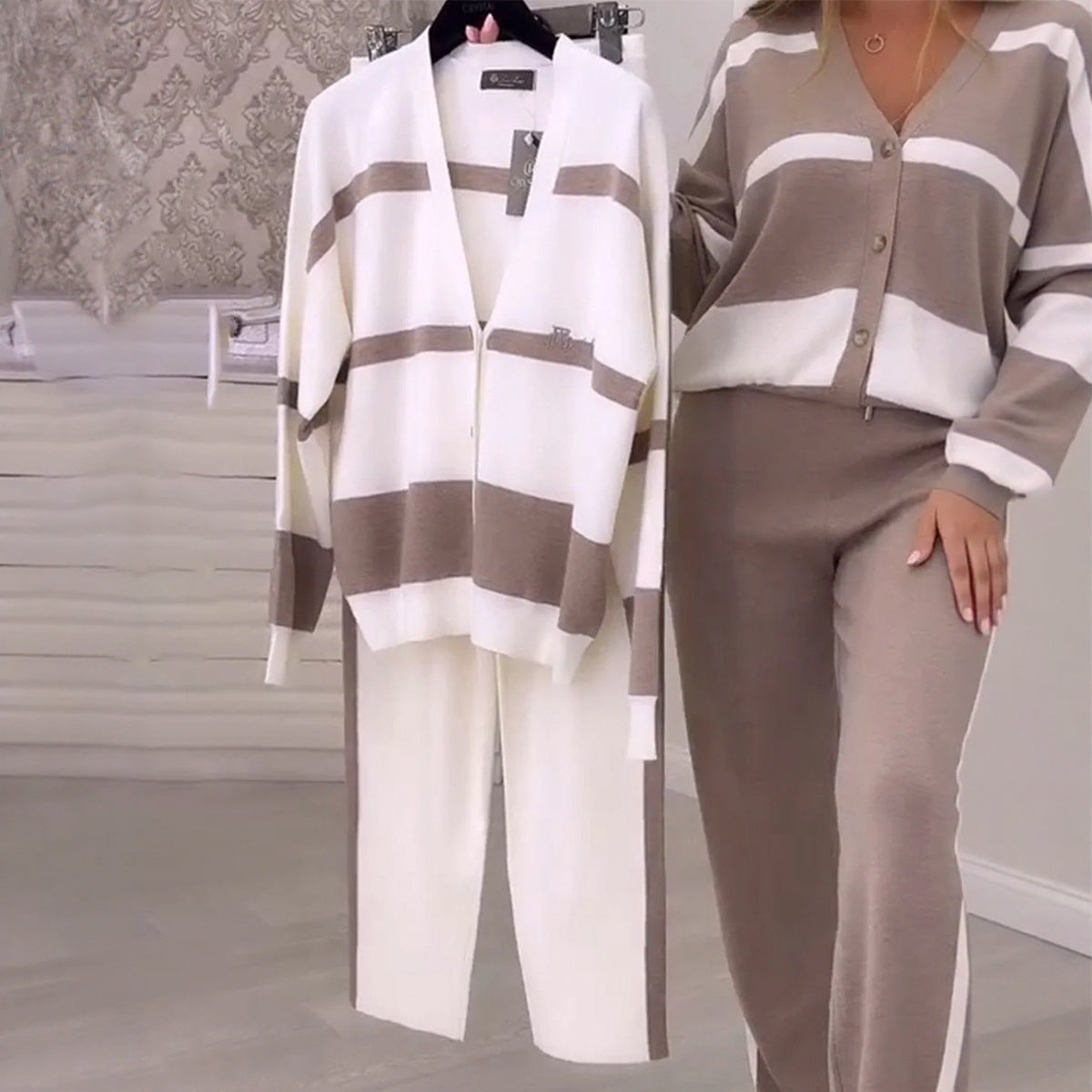 Damen Zweiteiler im Art-Retro-Stil in Weiß & Braun, S–3XL