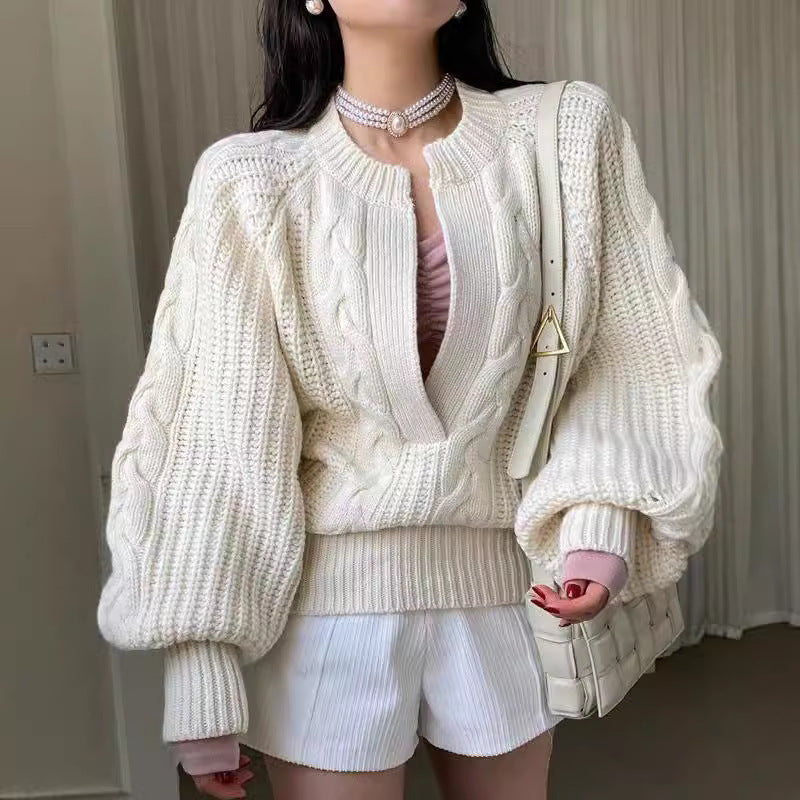 Eleganter Damen-Pullover mit Puffärmeln und Twist-Design – Einheitsgröße, Polyester, langarm