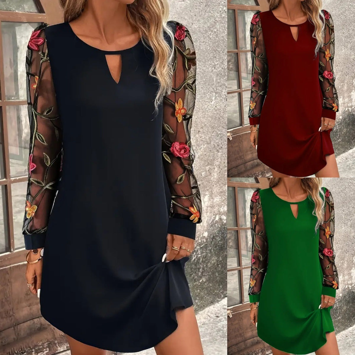 Damen Spitzenkleid – Rundhals, Langarm & zarte Spitze