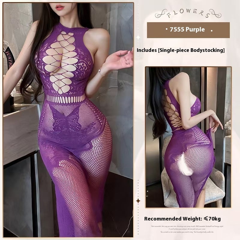 Weiße, transparente, sexy, enge Netzstrumpfhose mit Cut-outs