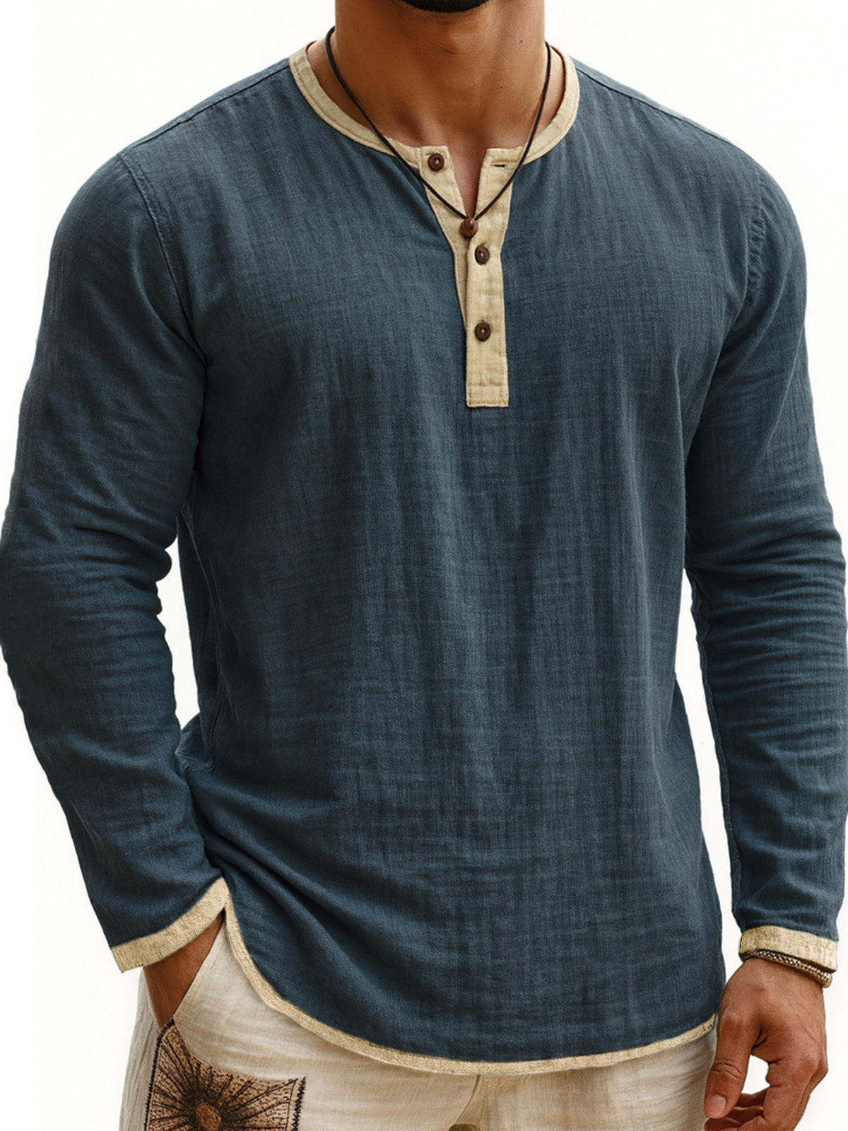 Zweifarbiges Henley-Shirt mit Digitaldruck, 3 Knöpfe, Herren, Freizeit, Langarm