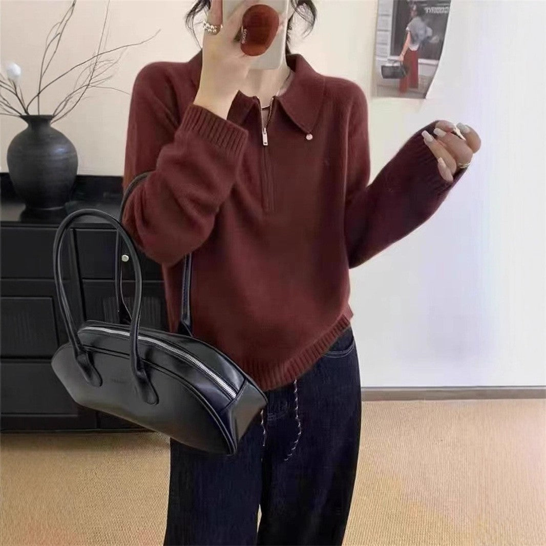 Damen-Pullover mit halbem Reißverschluss und Reverskragen, einfarbig, locker geschnitten