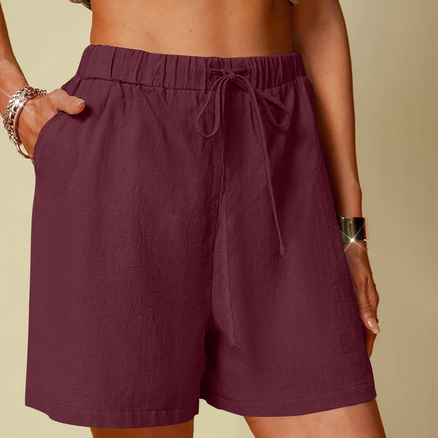 Damen-Shorts aus Baumwoll-Leinen-Mischgewebe, einfarbig, bequem, weites Bein