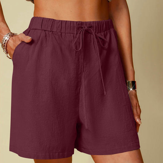 Damen-Shorts aus Baumwoll-Leinen-Mischgewebe, einfarbig, bequem, weites Bein