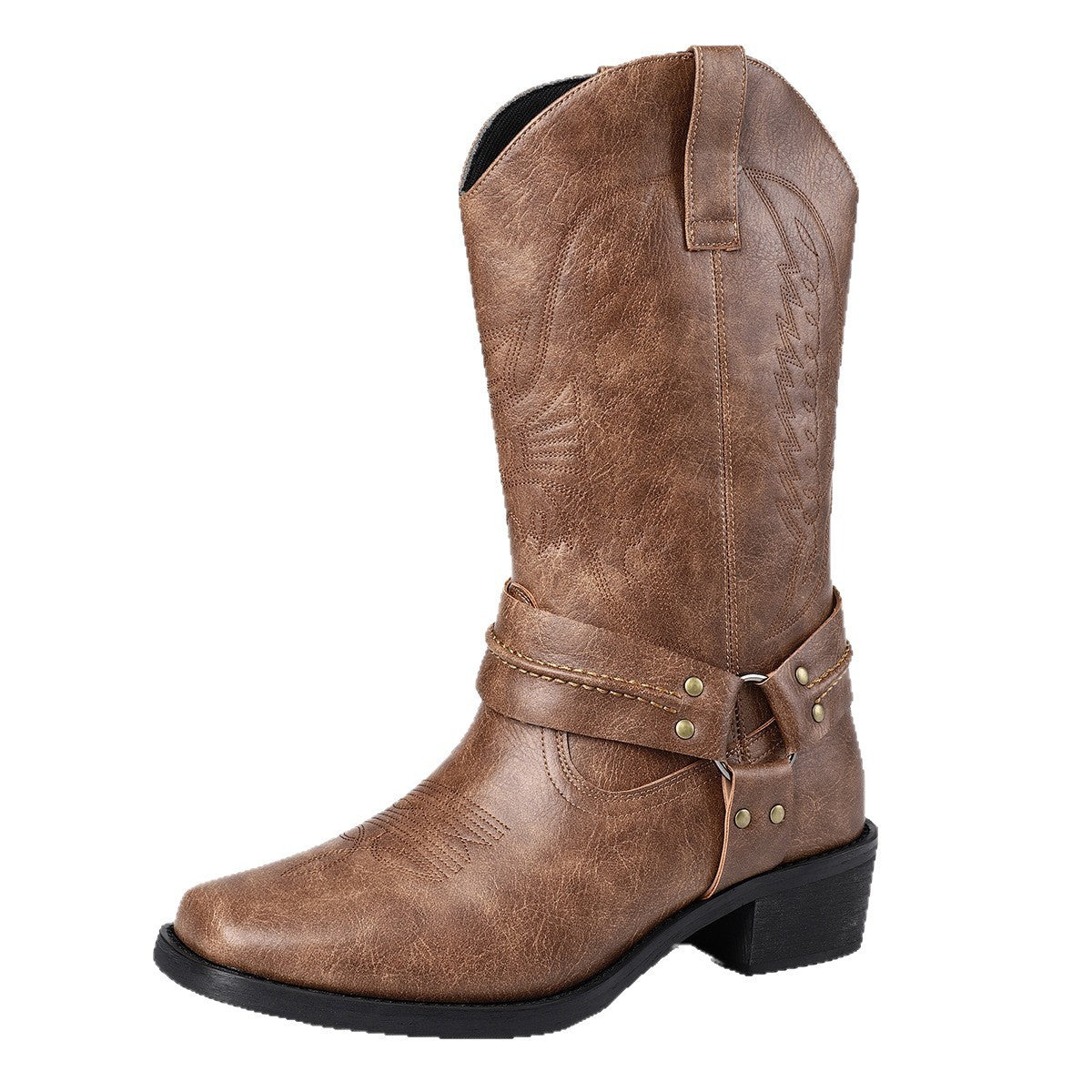 Herren Retro-Lederstiefel mit hohem Absatz (6–8 cm) und Square Toe, Schwarz/Braun, Größe 39–48