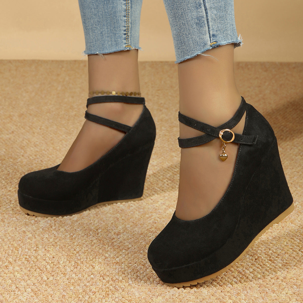 Damen Wildleder High Heels in Schwarz mit runder Zehenpartie, Größen 35–42