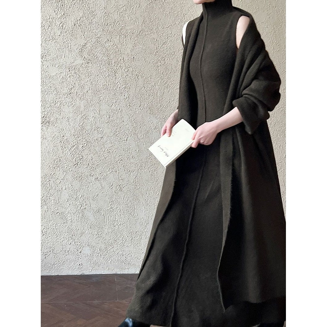 Elegantes Damen Set aus Minikleid & Schal – Einfarbig in Beige, Senfgrün, Dunkelgrau & Beerenrot