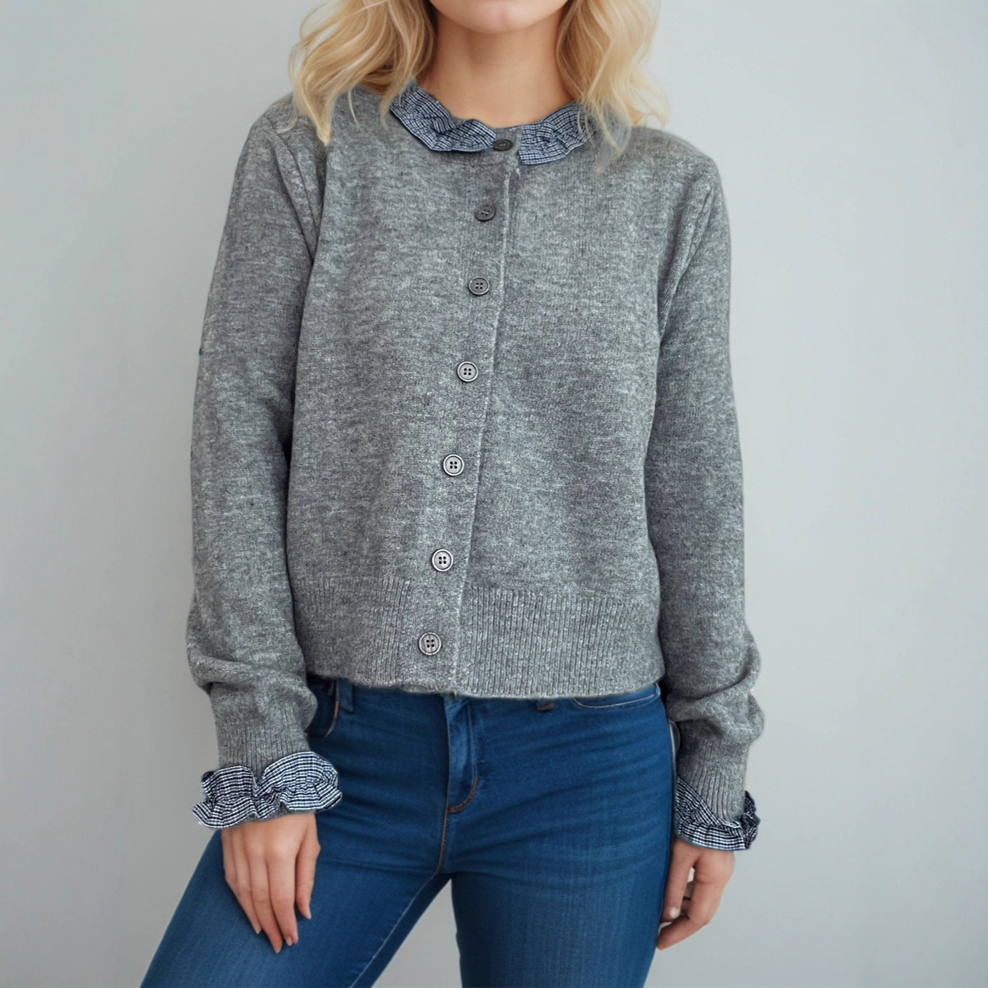 Klassische Damen-Cardigan aus Polyester – Grau & Dunkelblau, S–L