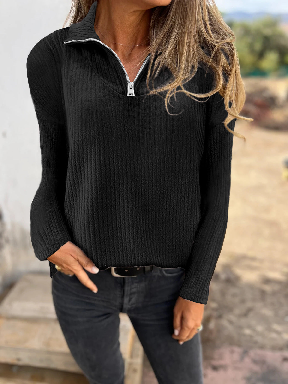 Pullover mit Reißverschluss, langärmeliger Strickpullover, Freizeitmantel