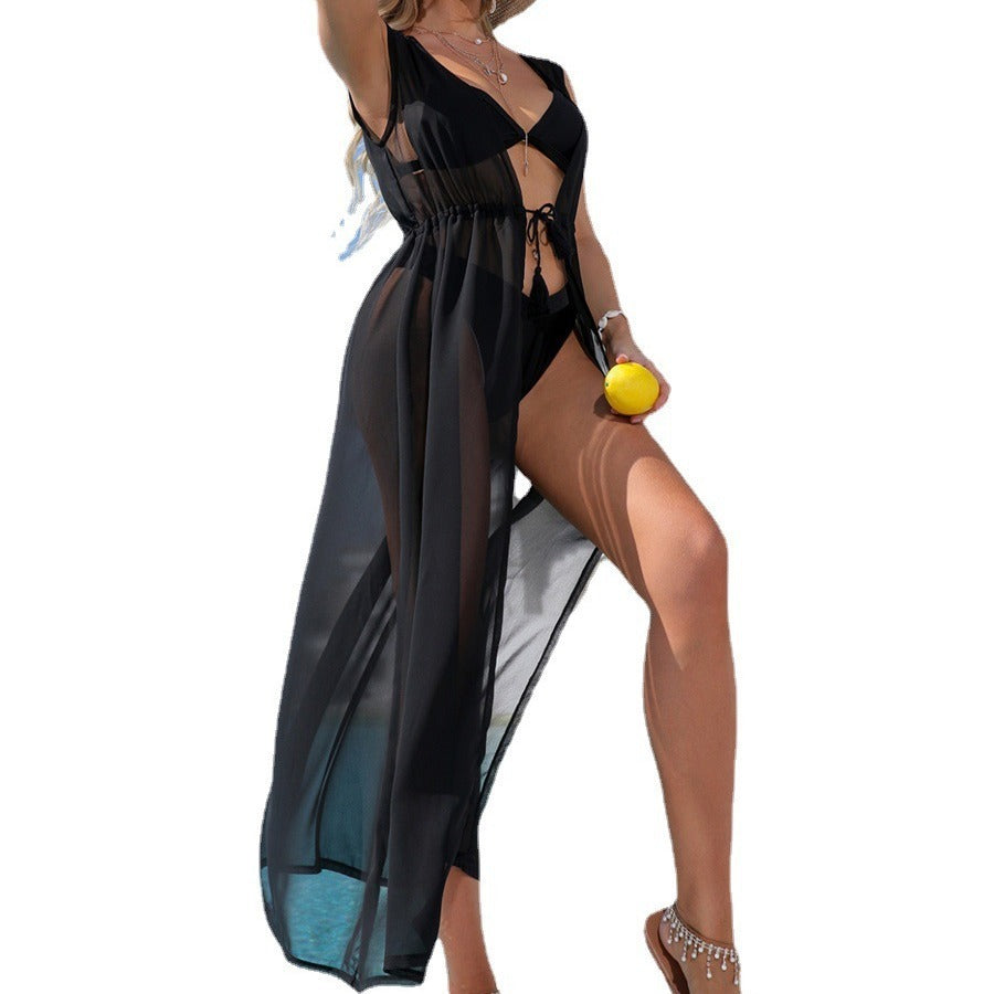 Strandkleid, Chiffon-Bikini, Sonnencreme, Strickjacke