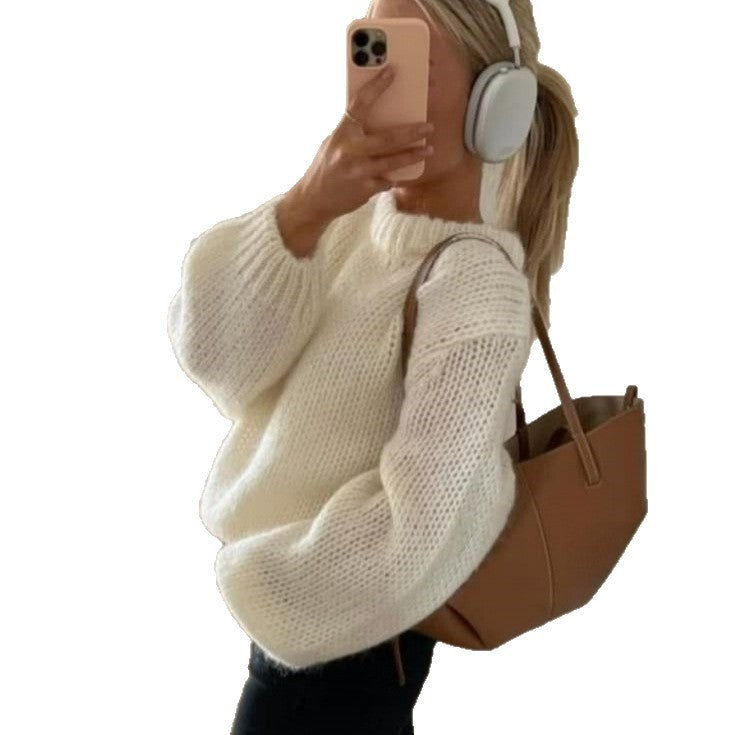 Damen-Strickpullover, einfarbig, Rundhalsausschnitt, locker und lässig