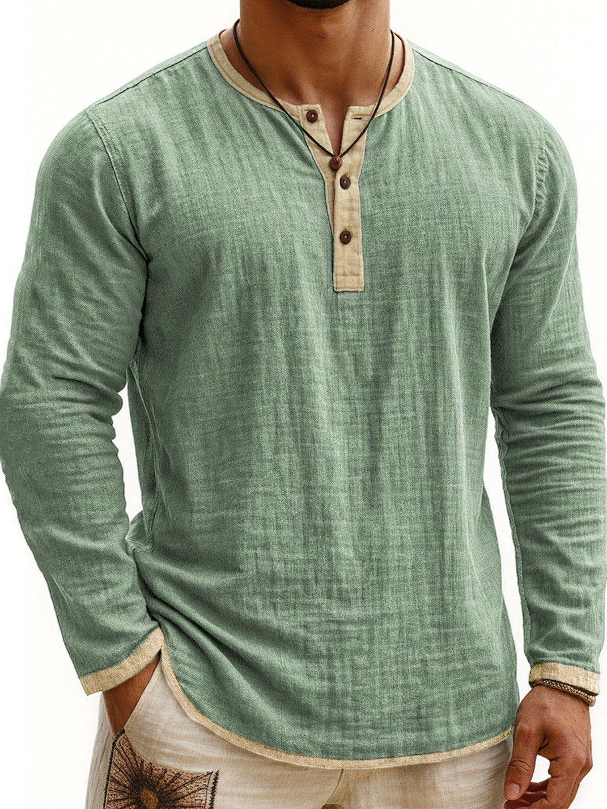 Zweifarbiges Henley-Shirt mit Digitaldruck, 3 Knöpfe, Herren, Freizeit, Langarm
