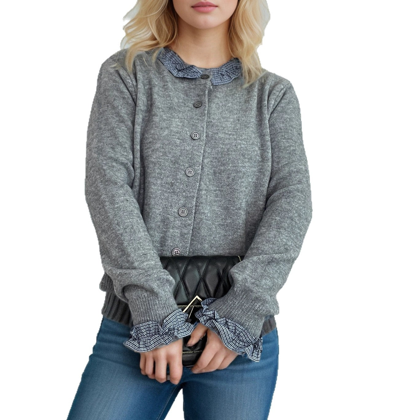 Klassische Damen-Cardigan aus Polyester – Grau & Dunkelblau, S–L