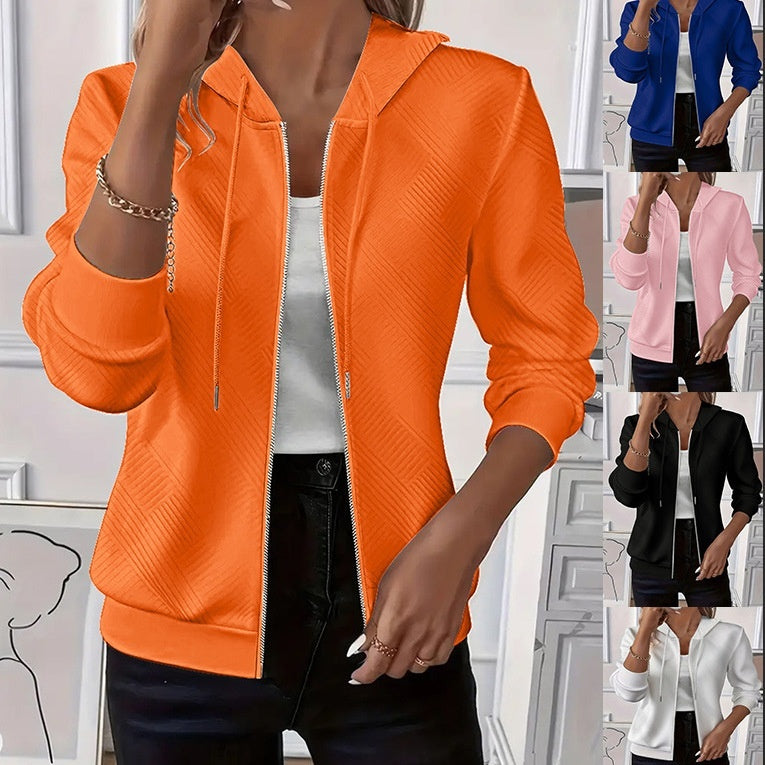 Damen-Kapuzenjacke mit langen Ärmeln und Reißverschluss, einfarbig, gestrickt, einfarbig, Damen