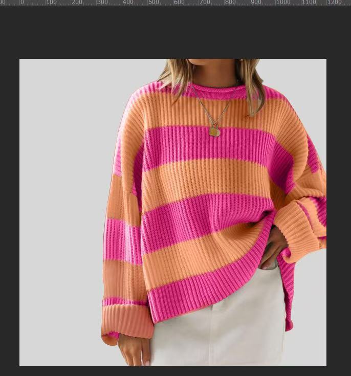 Damenpullover mit Streifen und gehäkelten Blumen – Lockere Passform, S–XL