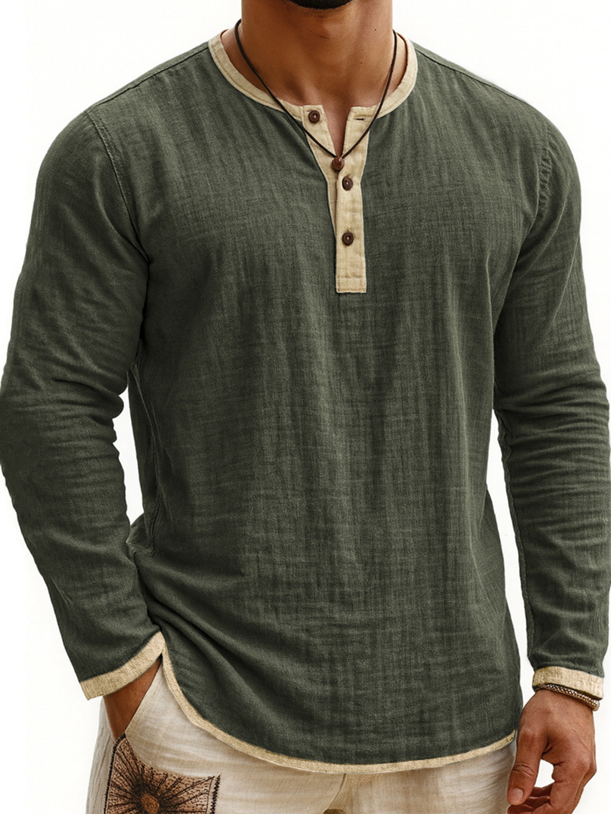 Zweifarbiges Henley-Shirt mit Digitaldruck, 3 Knöpfe, Herren, Freizeit, Langarm
