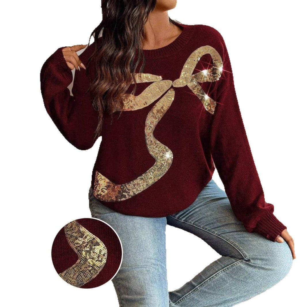 Eleganter Paillettenpullover in Übergröße mit Rundhalsausschnitt, Schleife und Paillettenstickerei