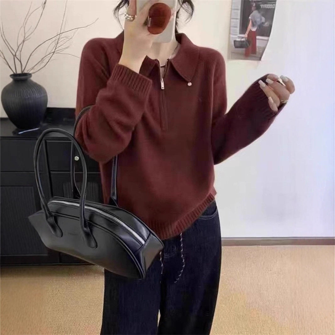 Damen-Pullover mit halbem Reißverschluss und Reverskragen, einfarbig, locker geschnitten