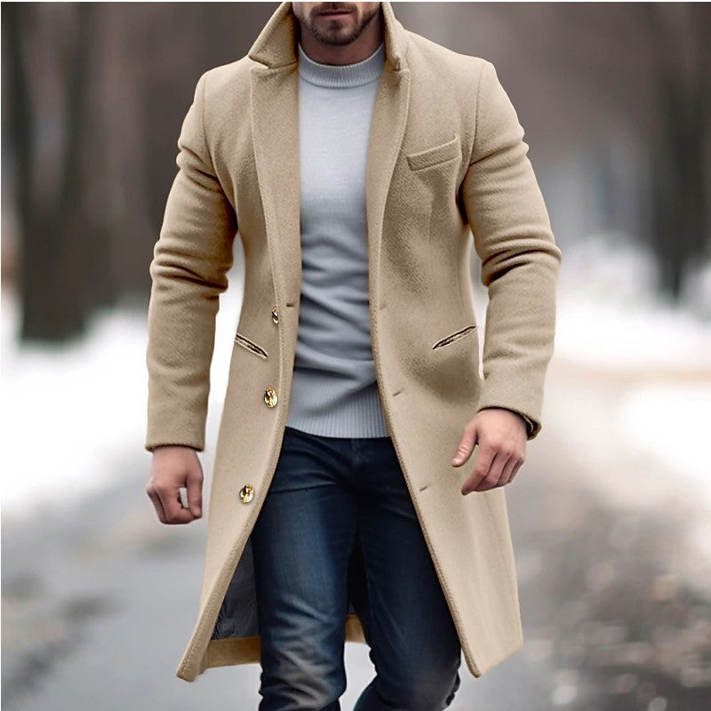 Winterlicher Trenchcoat mit Reverskragen, modischer Tasche, einreihiger Mantel, lässige Herrenbekleidung in Unifarben