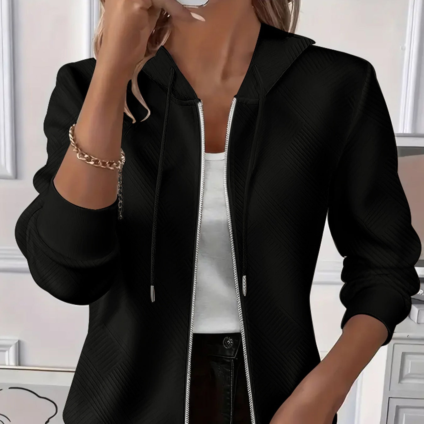 Damen-Kapuzenjacke mit langen Ärmeln und Reißverschluss, einfarbig, gestrickt, einfarbig, Damen