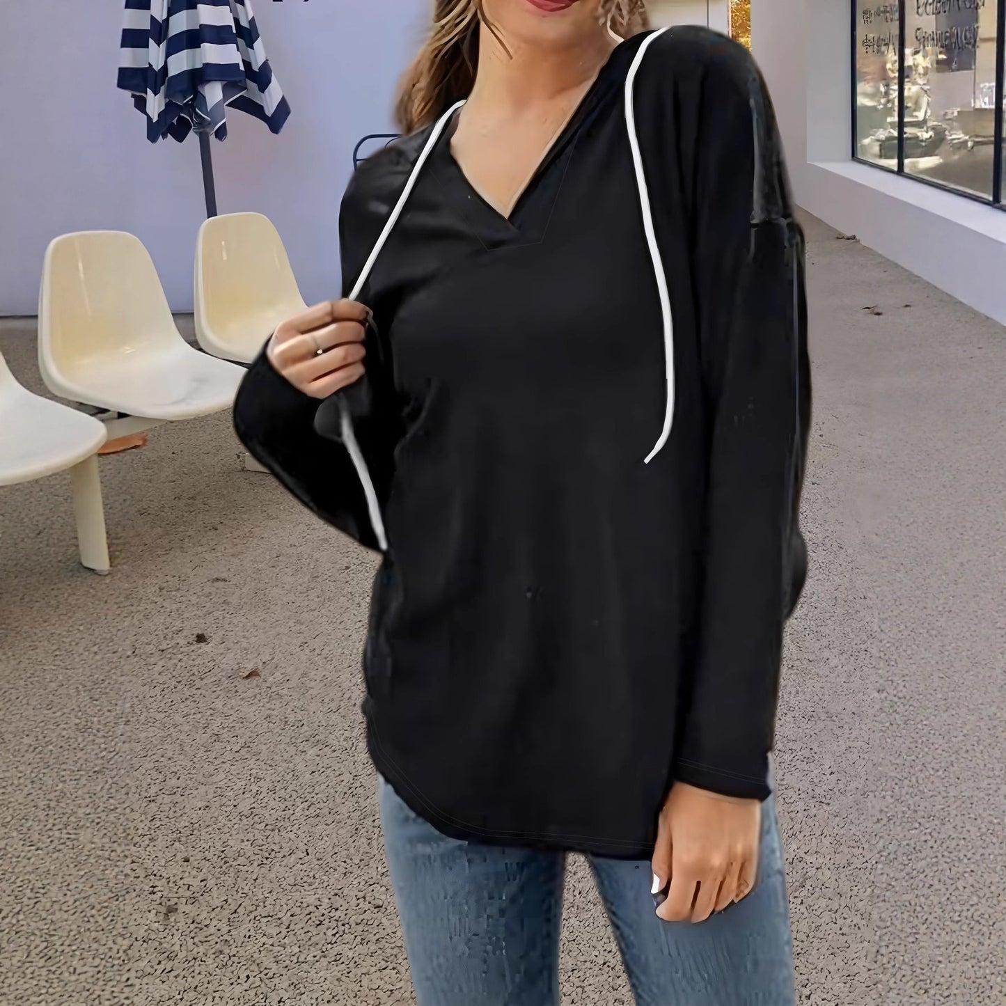 Herbstneues Damen-Sweatshirt mit V-Ausschnitt, Kapuze und langen Ärmeln